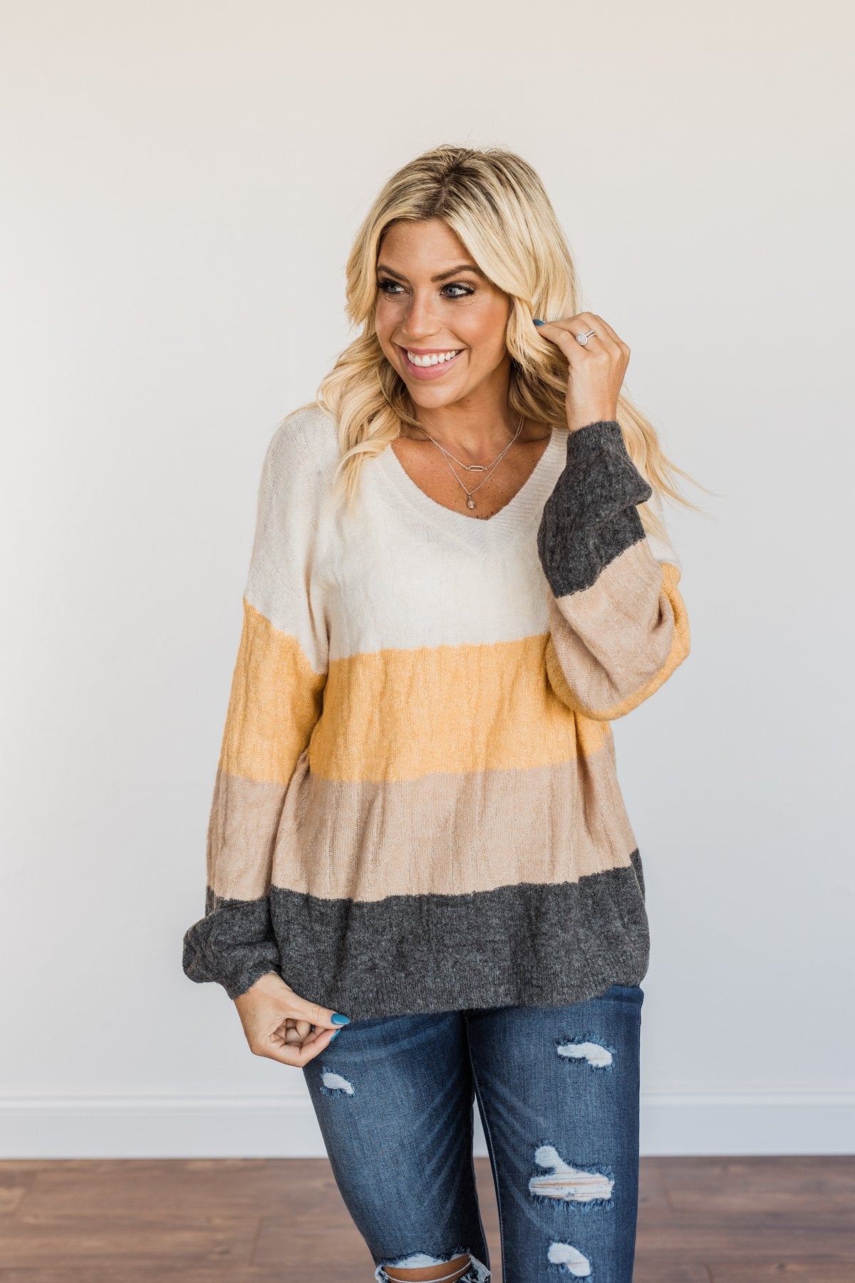 Make A Scene V-Neck Sweater- Cream, Marigold, Taupe, & Charcoal