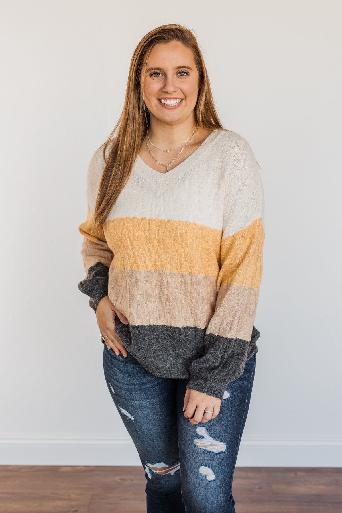 Make A Scene V-Neck Sweater- Cream, Marigold, Taupe, & Charcoal