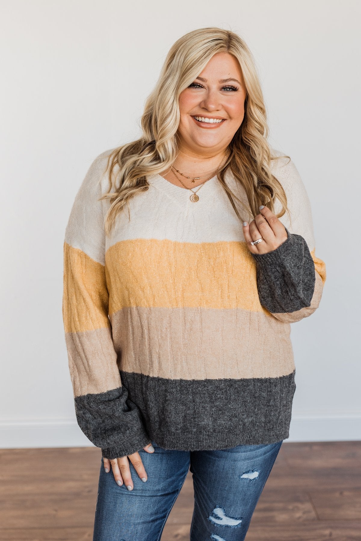 Make A Scene V-Neck Sweater- Cream, Marigold, Taupe, & Charcoal