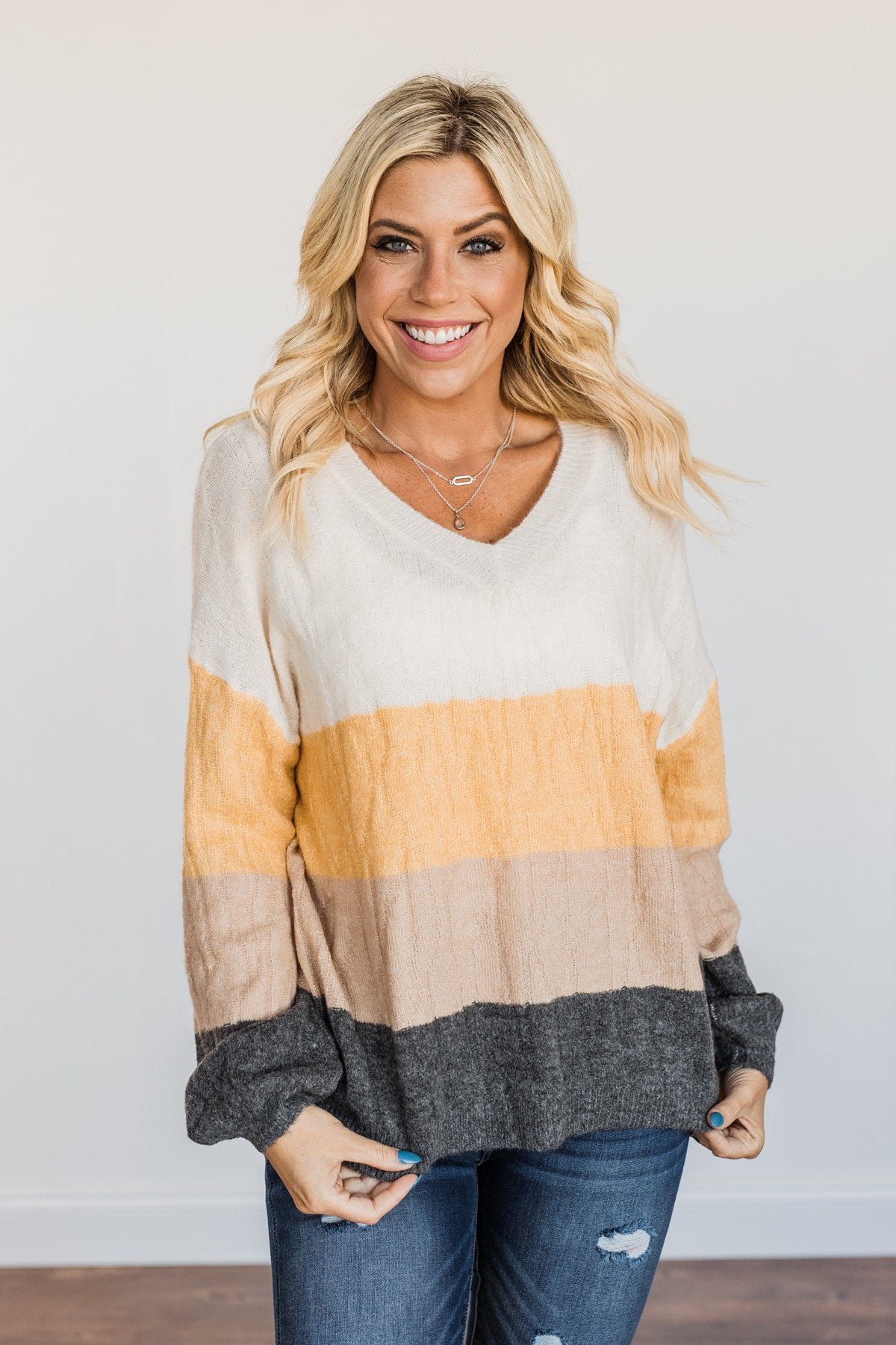 Make A Scene V-Neck Sweater- Cream, Marigold, Taupe, & Charcoal