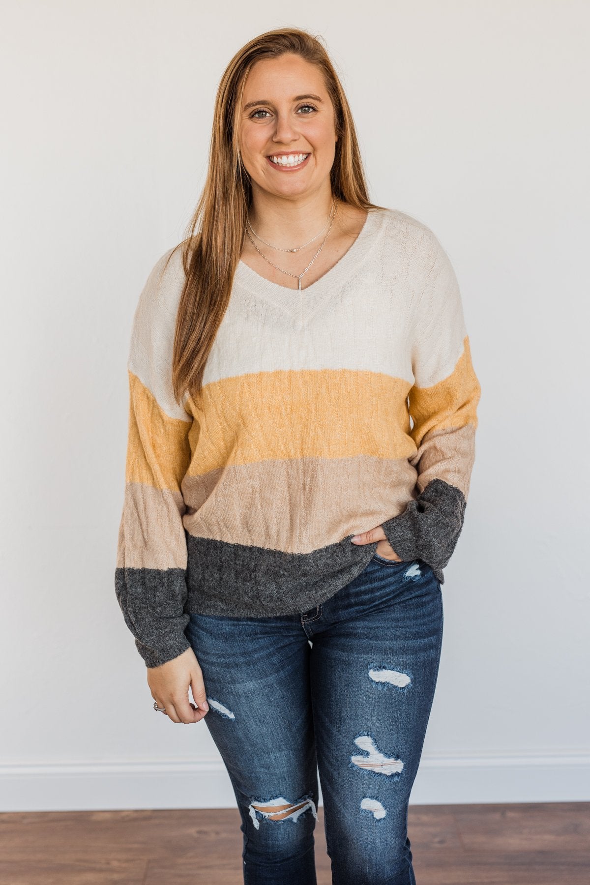 Make A Scene V-Neck Sweater- Cream, Marigold, Taupe, & Charcoal