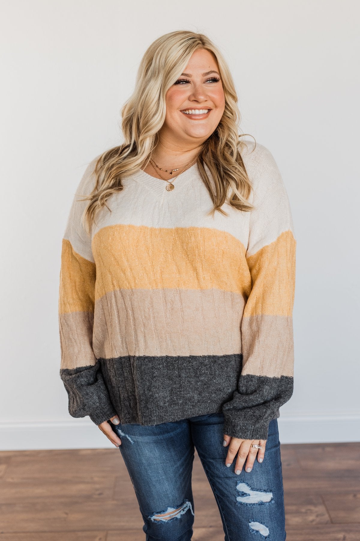 Make A Scene V-Neck Sweater- Cream, Marigold, Taupe, & Charcoal