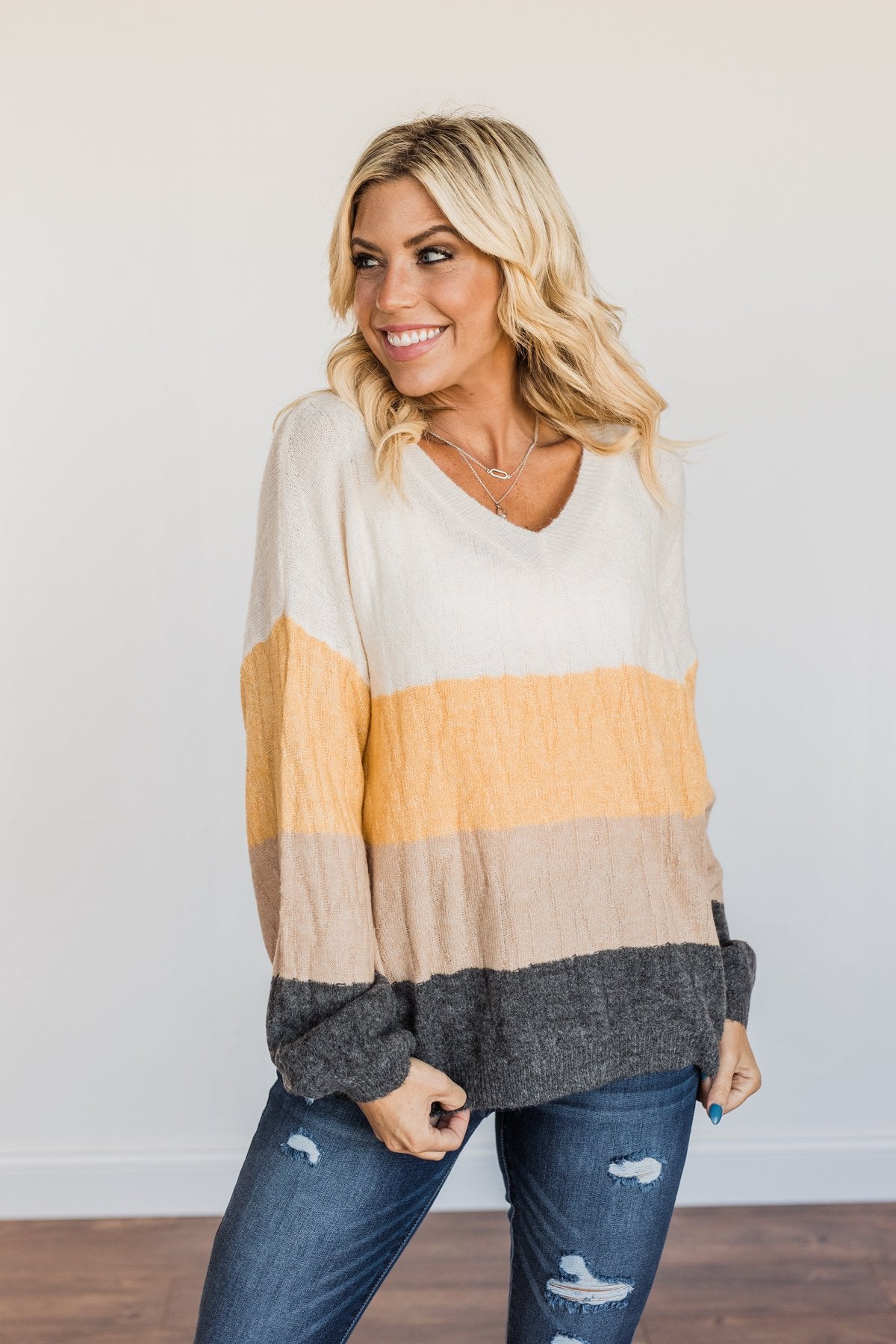 Make A Scene V-Neck Sweater- Cream, Marigold, Taupe, & Charcoal