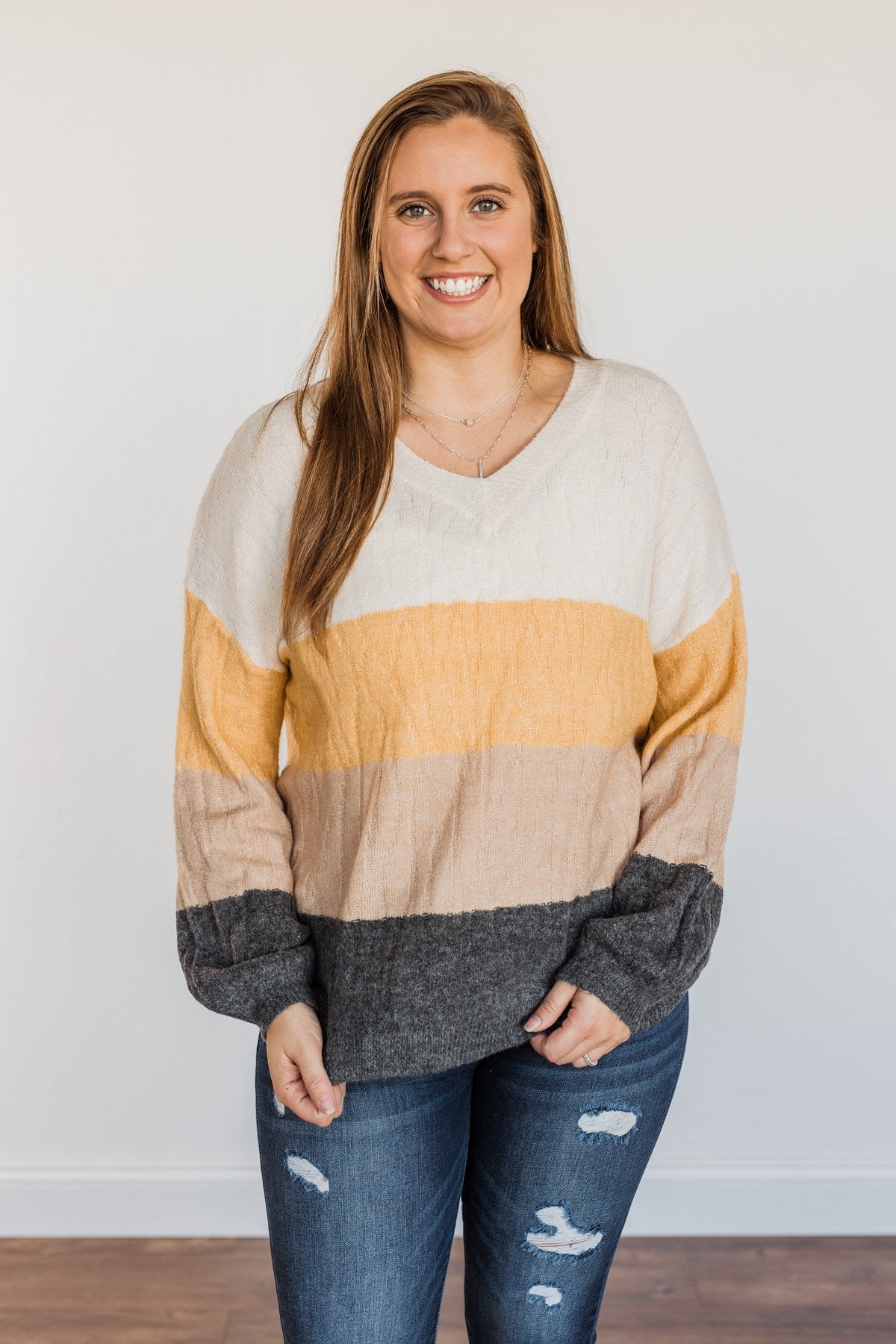 Make A Scene V-Neck Sweater- Cream, Marigold, Taupe, & Charcoal