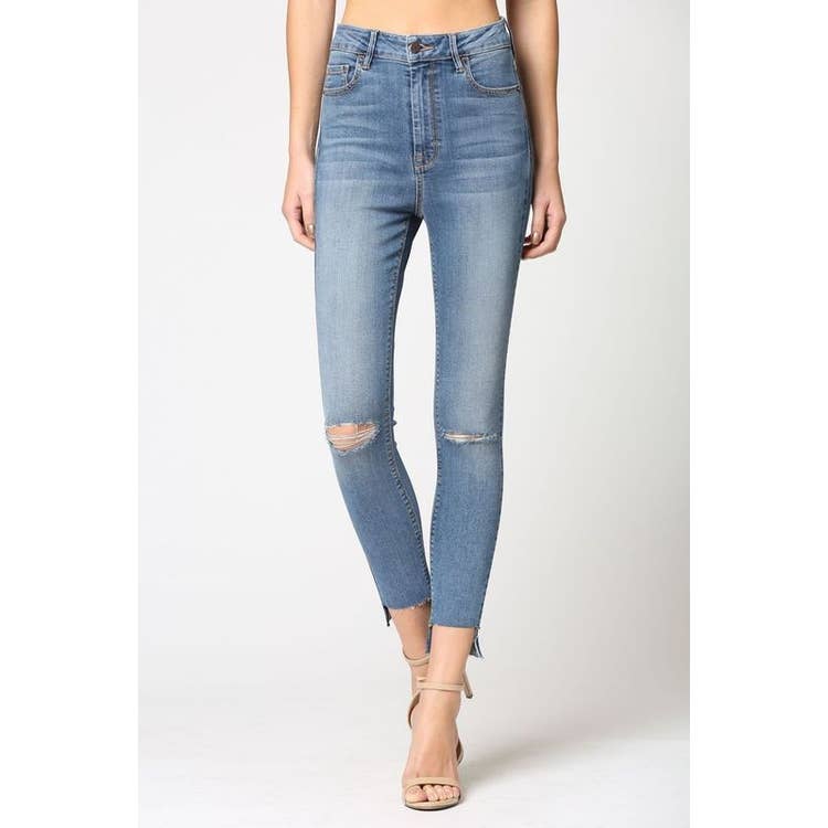 Medium Wash Slit Knee Step Hem High Rise Skinny Jean