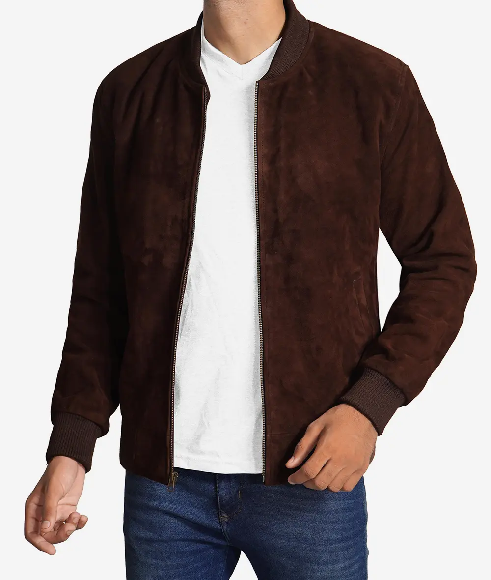 Men's Dark Brown Suede Bomber Jacket