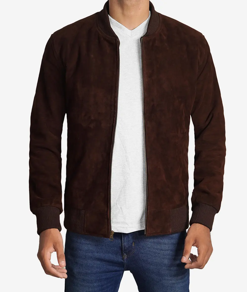 Men's Dark Brown Suede Bomber Jacket