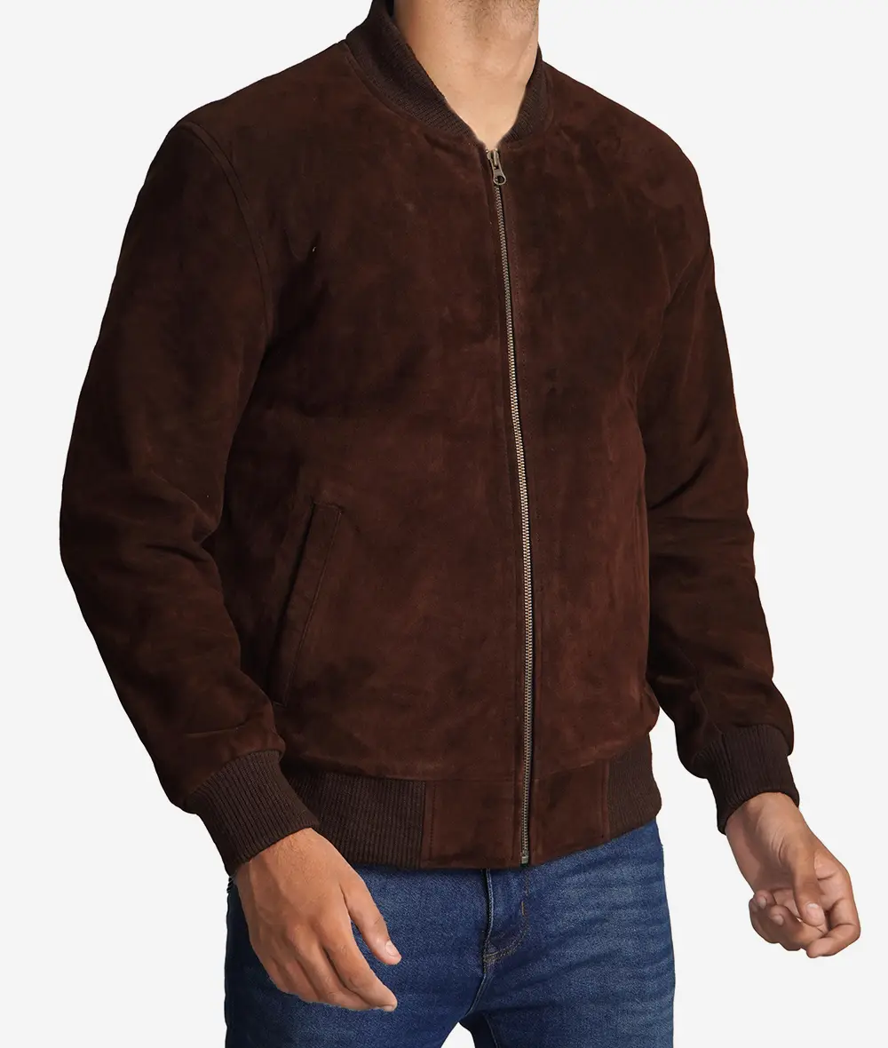 Men's Dark Brown Suede Bomber Jacket