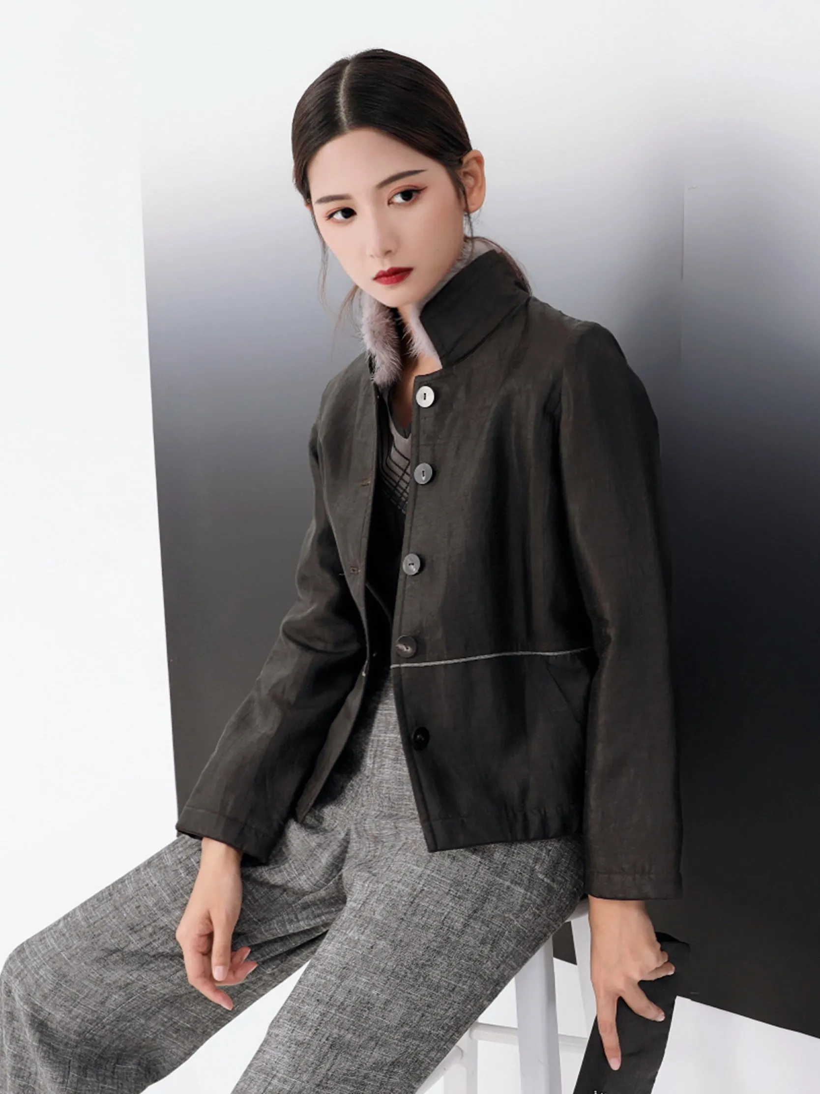 Mink fur collar fleece lining gambiered Guangdong silk coat