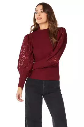 MOCK NECK TOP WITH LACE SLEEVES