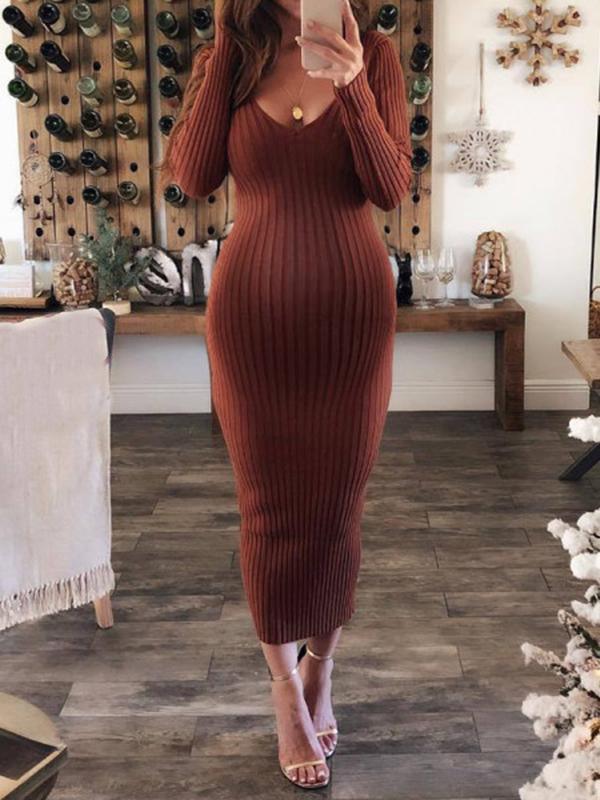 Momnfancy Bodycon V-neck Backless Long Sleeve Maternity Sweater Midi Dress