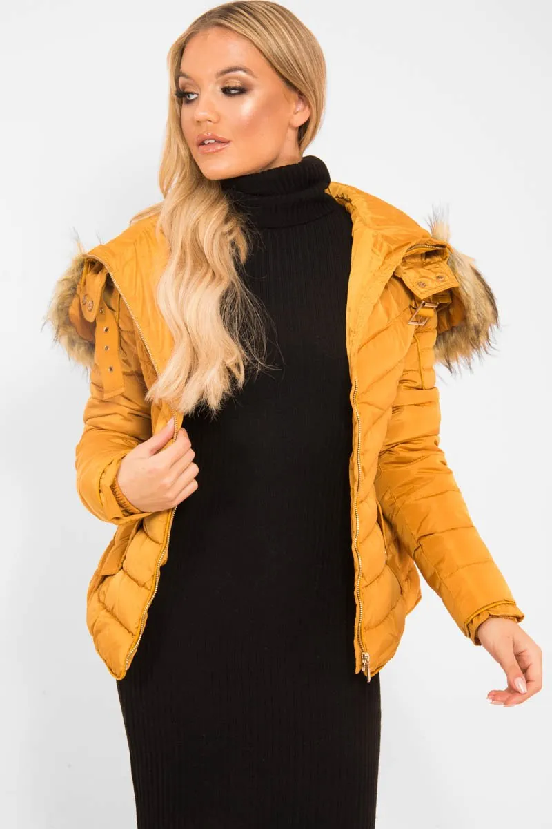 Mustard Faux Fur Hood Gold Detail Puffer Coat - Rylah