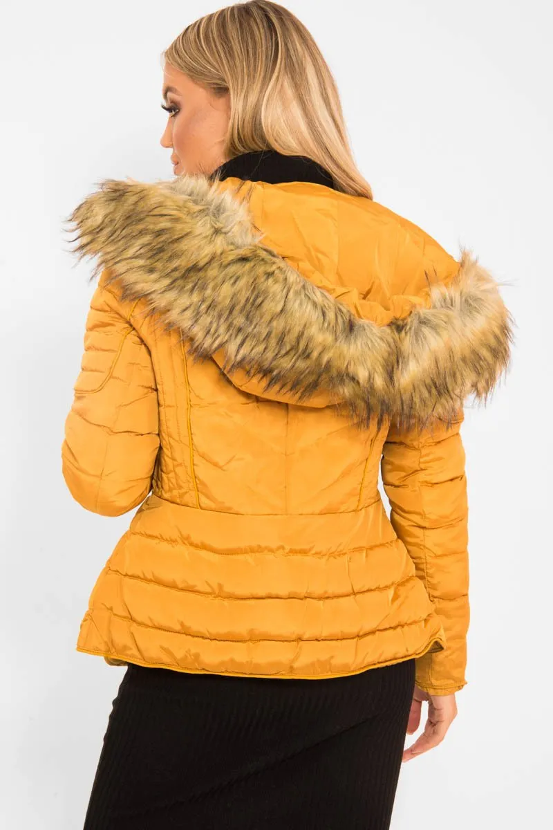 Mustard Faux Fur Hood Gold Detail Puffer Coat - Rylah