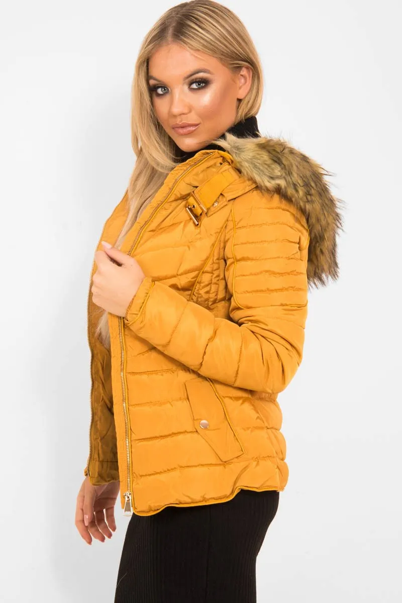 Mustard Faux Fur Hood Gold Detail Puffer Coat - Rylah