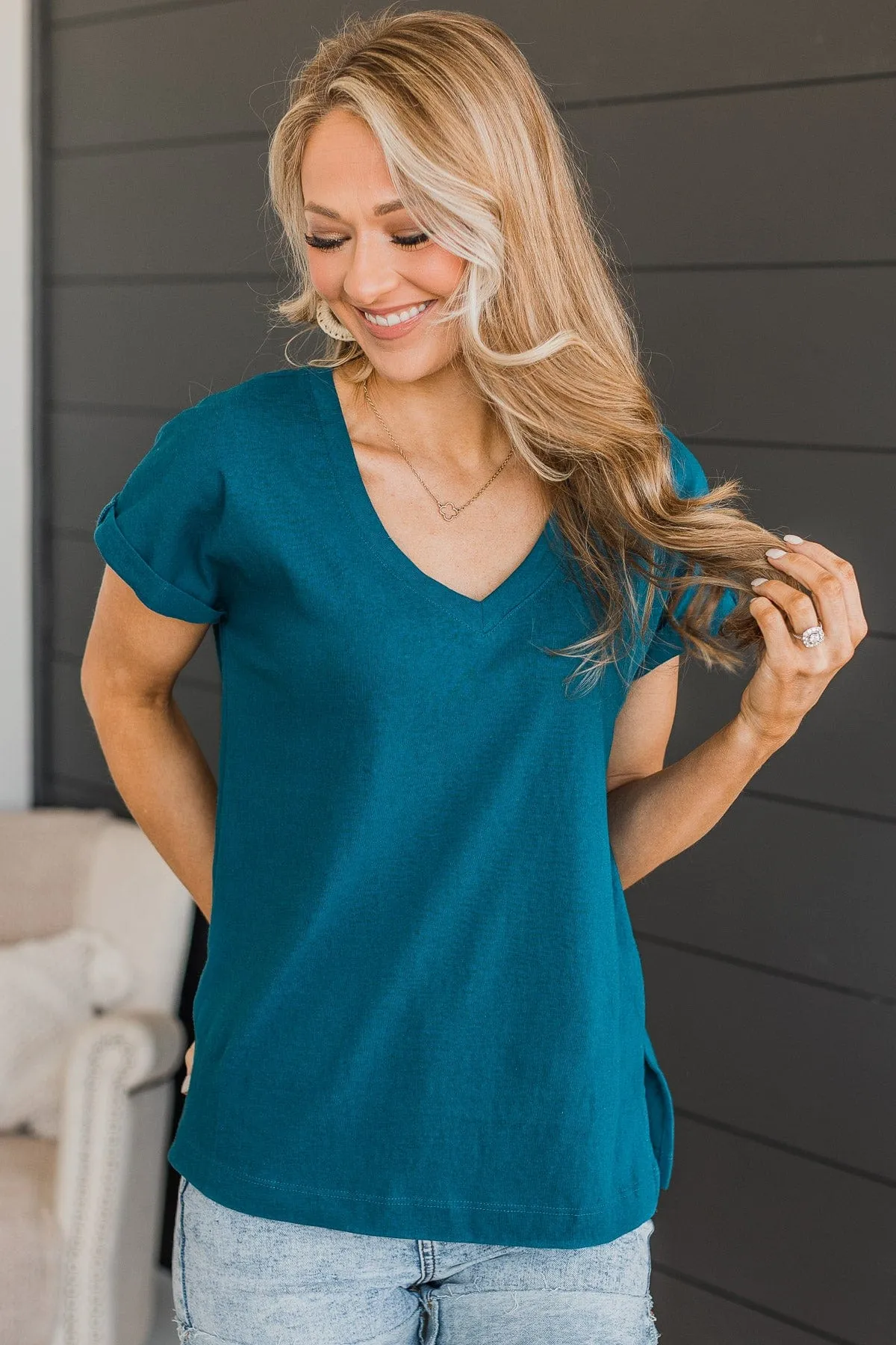 My Favorite Hello V-Neck Top- Dark Teal