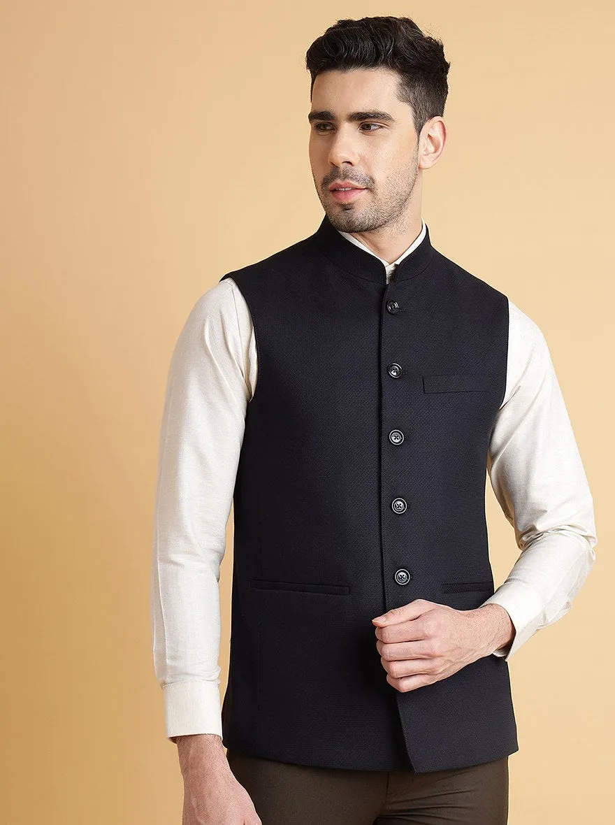 Navy Blue Self Textured Regular Fit Modi Jacket | JadeBlue