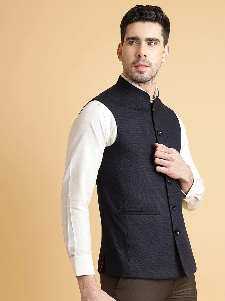 Navy Blue Self Textured Regular Fit Modi Jacket | JadeBlue