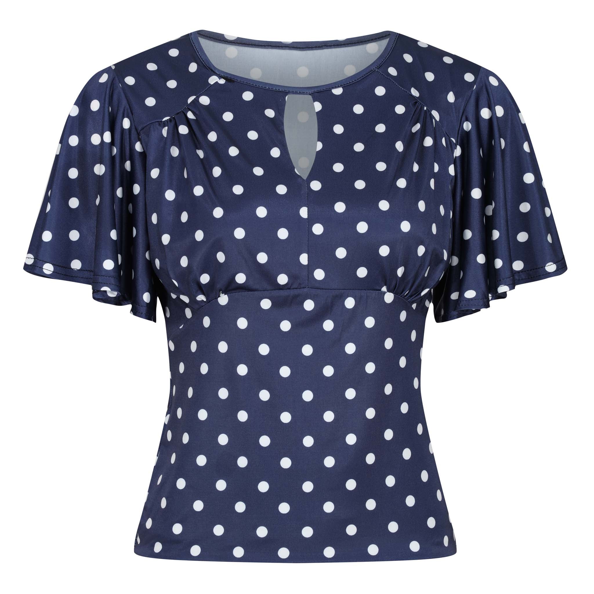 Navy White Polka Dot Waterfall Sleeve Top