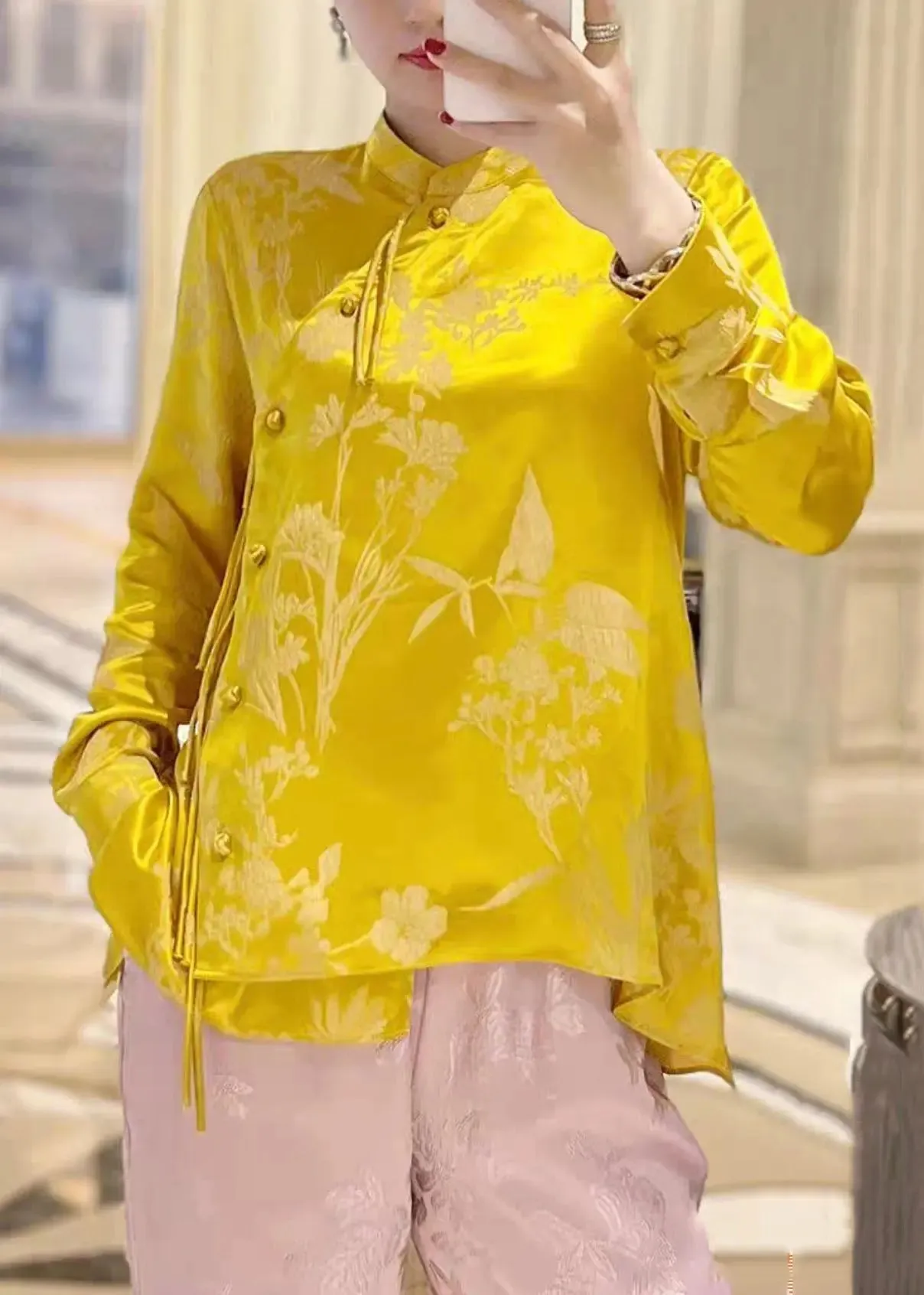 New Yellow Stand Collar Button Print Silk Shirt Long Sleeve CG1032