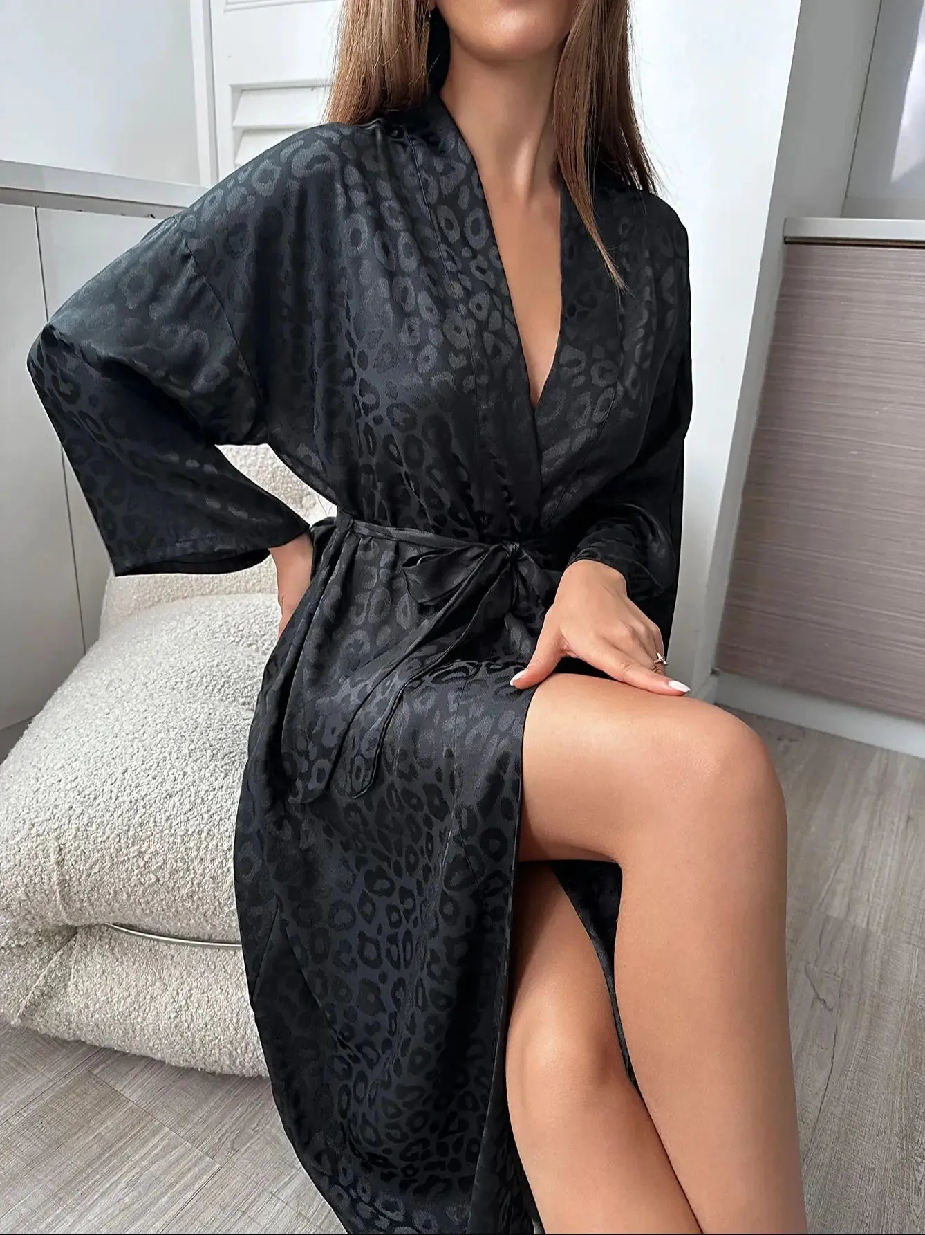 Night Robe Long Sleeve V Neck With Belt