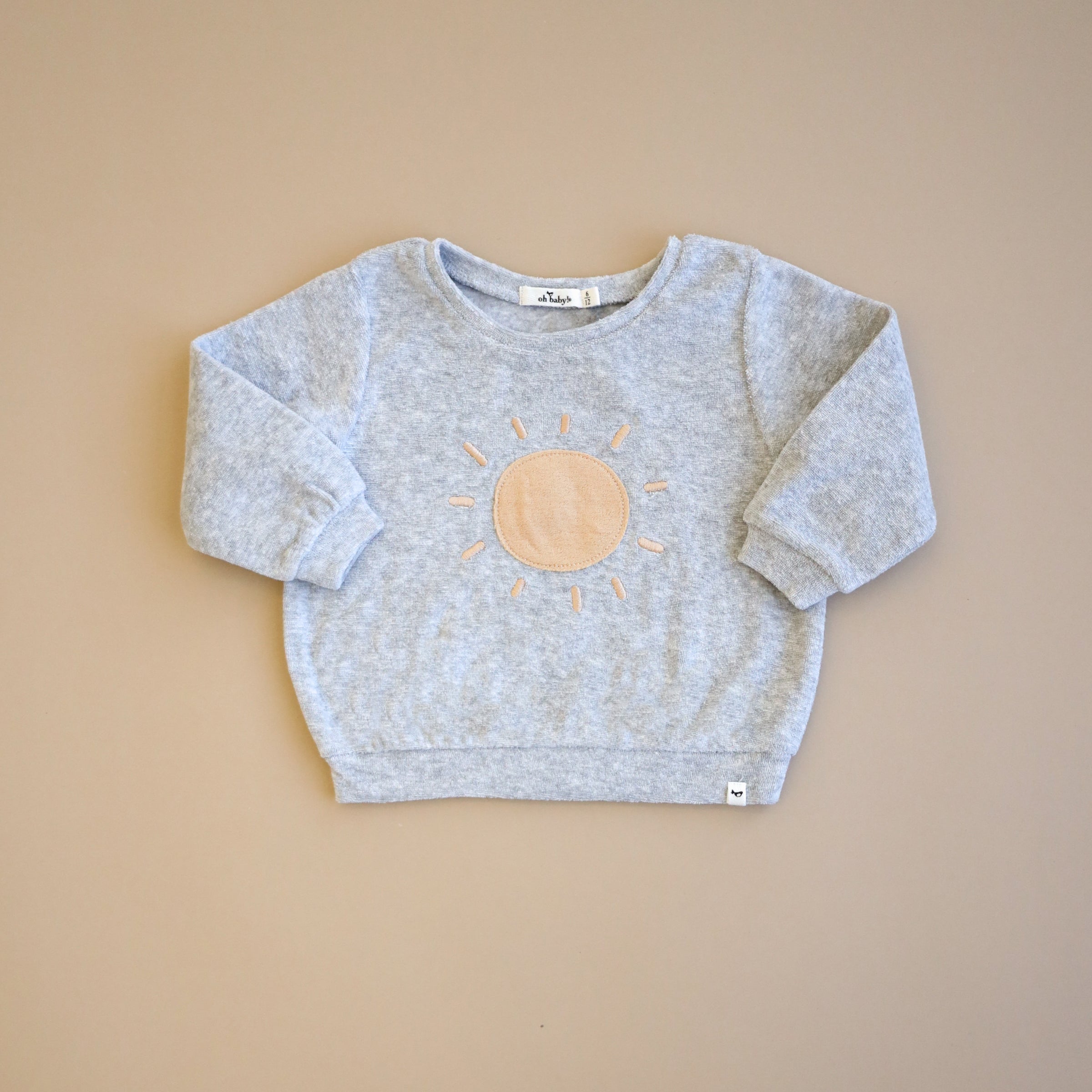 oh baby! Cotton Terry Brooklyn Boxy Sweatshirt - Oatmilk Sun Terry Applique - Heather Gray