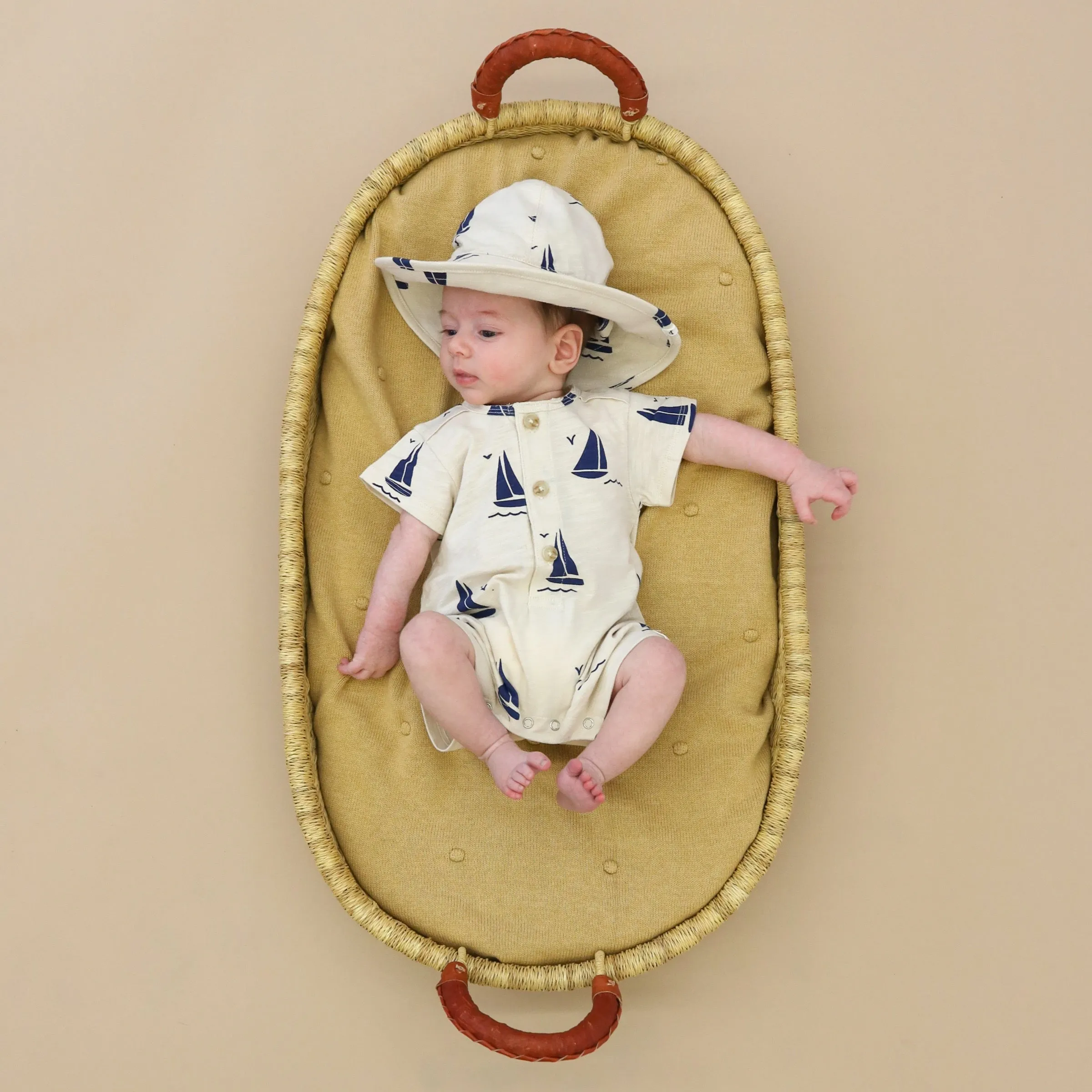 oh baby! Short Sleeve Button Neck Slub Romper -  Navy Sailboat Print - Oat