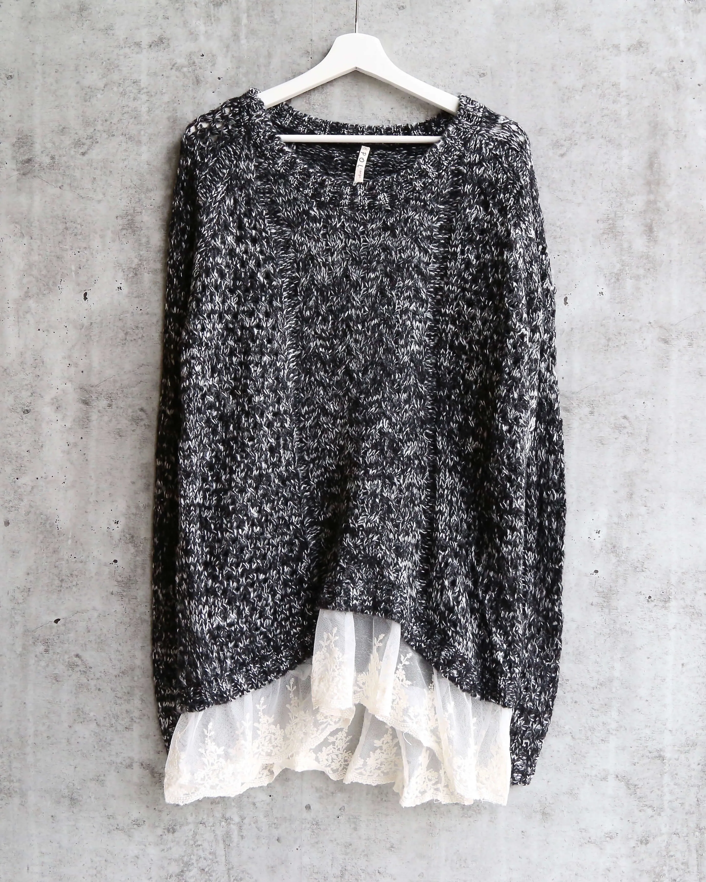 Open Knit Sweater with Lace Hem in Marle Charcoal