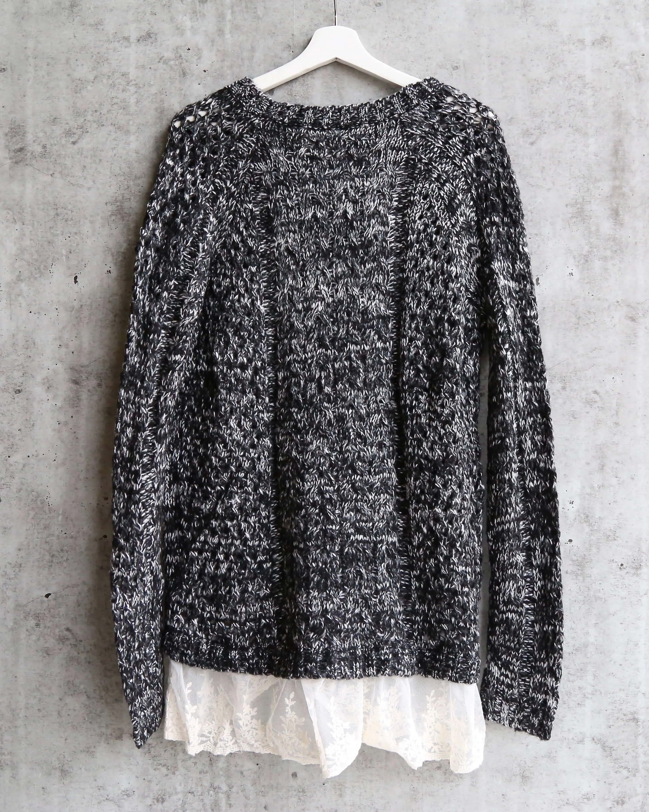 Open Knit Sweater with Lace Hem in Marle Charcoal