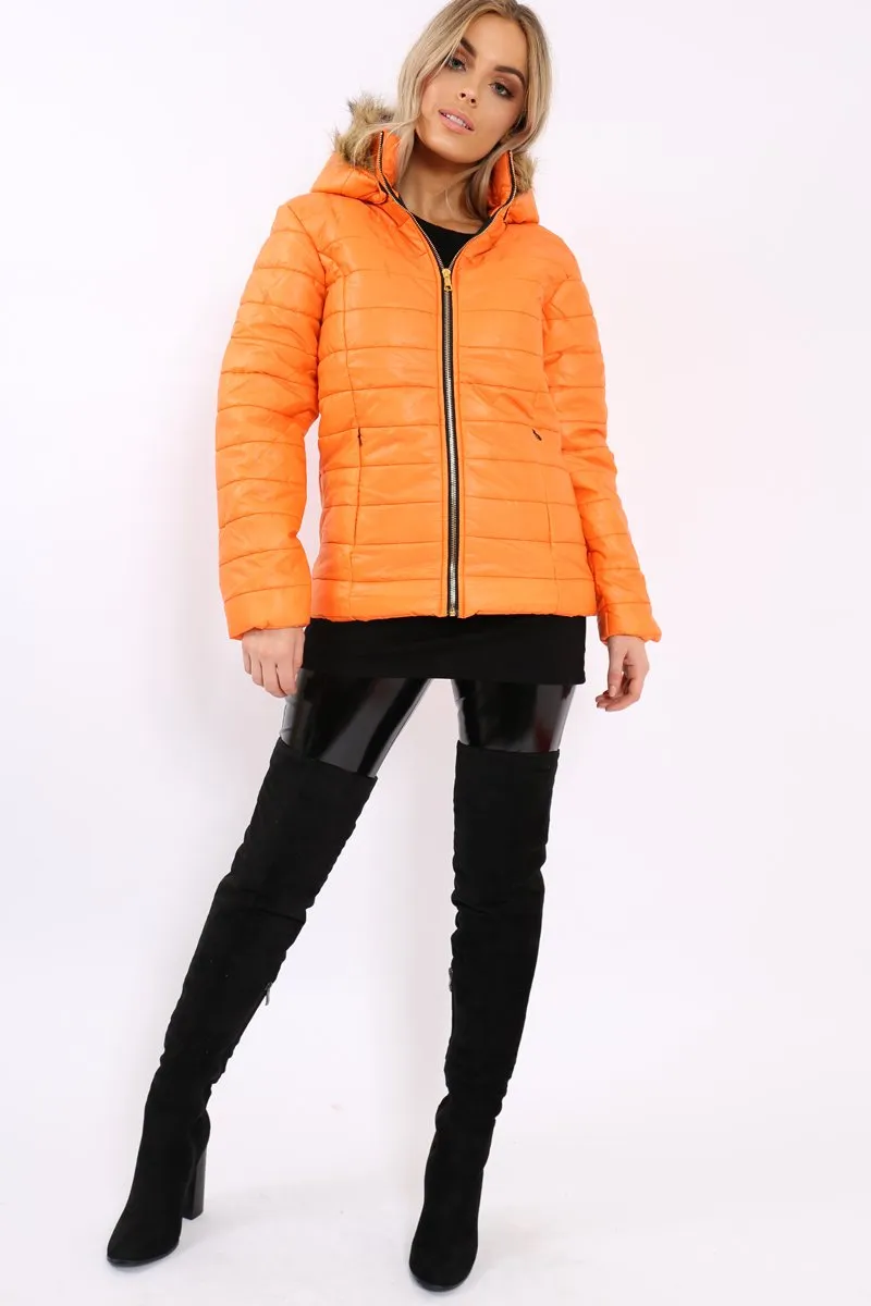 Orange Shiny Puffer Coat with Fur Hood - Idy