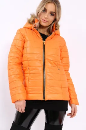 Orange Shiny Puffer Coat with Fur Hood - Idy