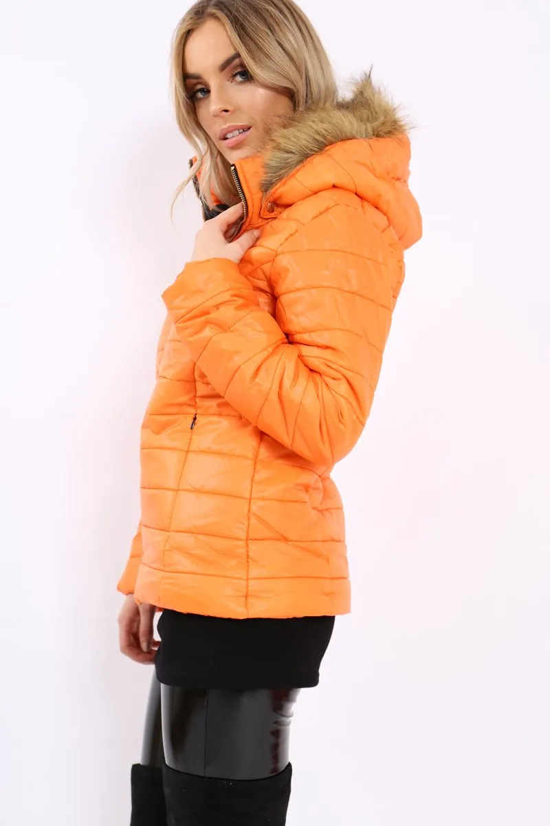 Orange Shiny Puffer Coat with Fur Hood - Idy