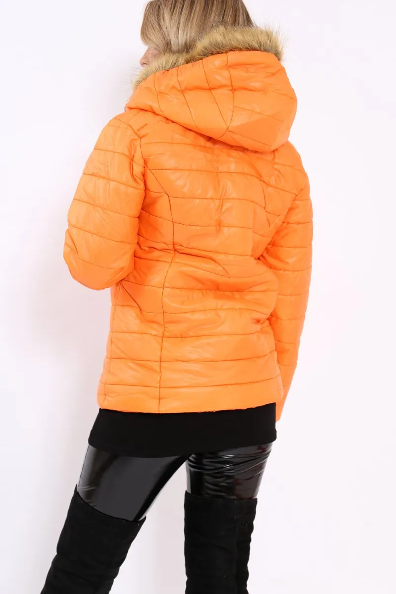 Orange Shiny Puffer Coat with Fur Hood - Idy