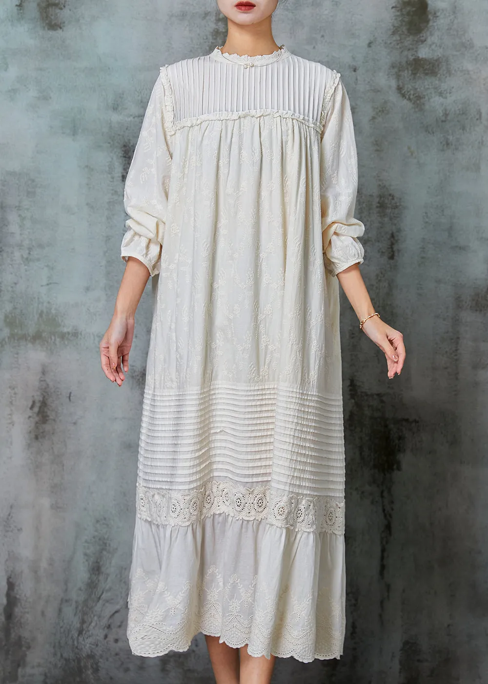 Organic White Embroidered Patchwork Linen Maxi Dresses Spring