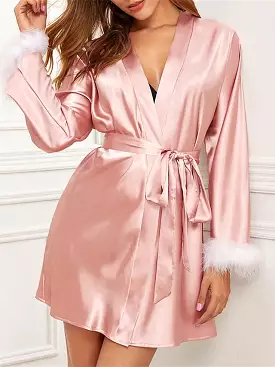 Pink Wine Satin Bathrobe with V Wire Long Sleeve for Women