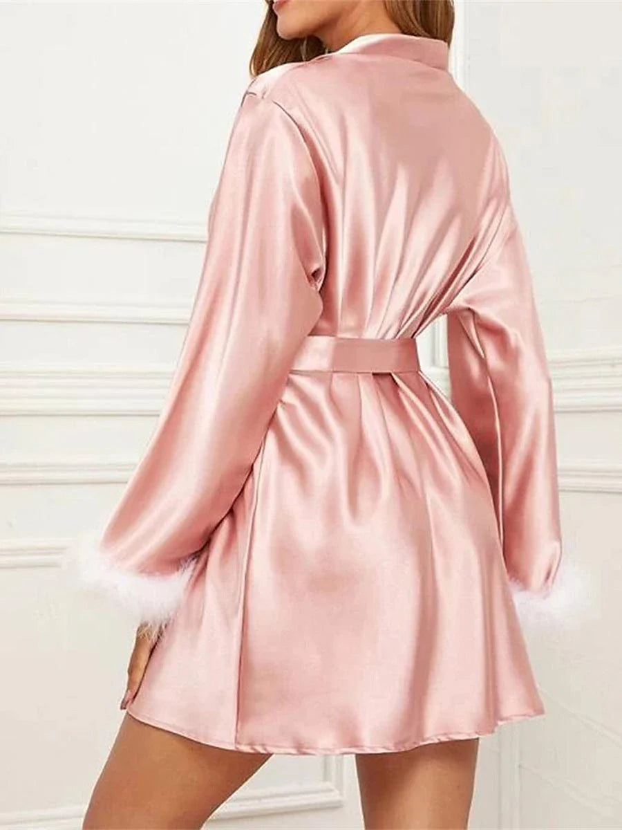 Pink Wine Satin Bathrobe with V Wire Long Sleeve for Women