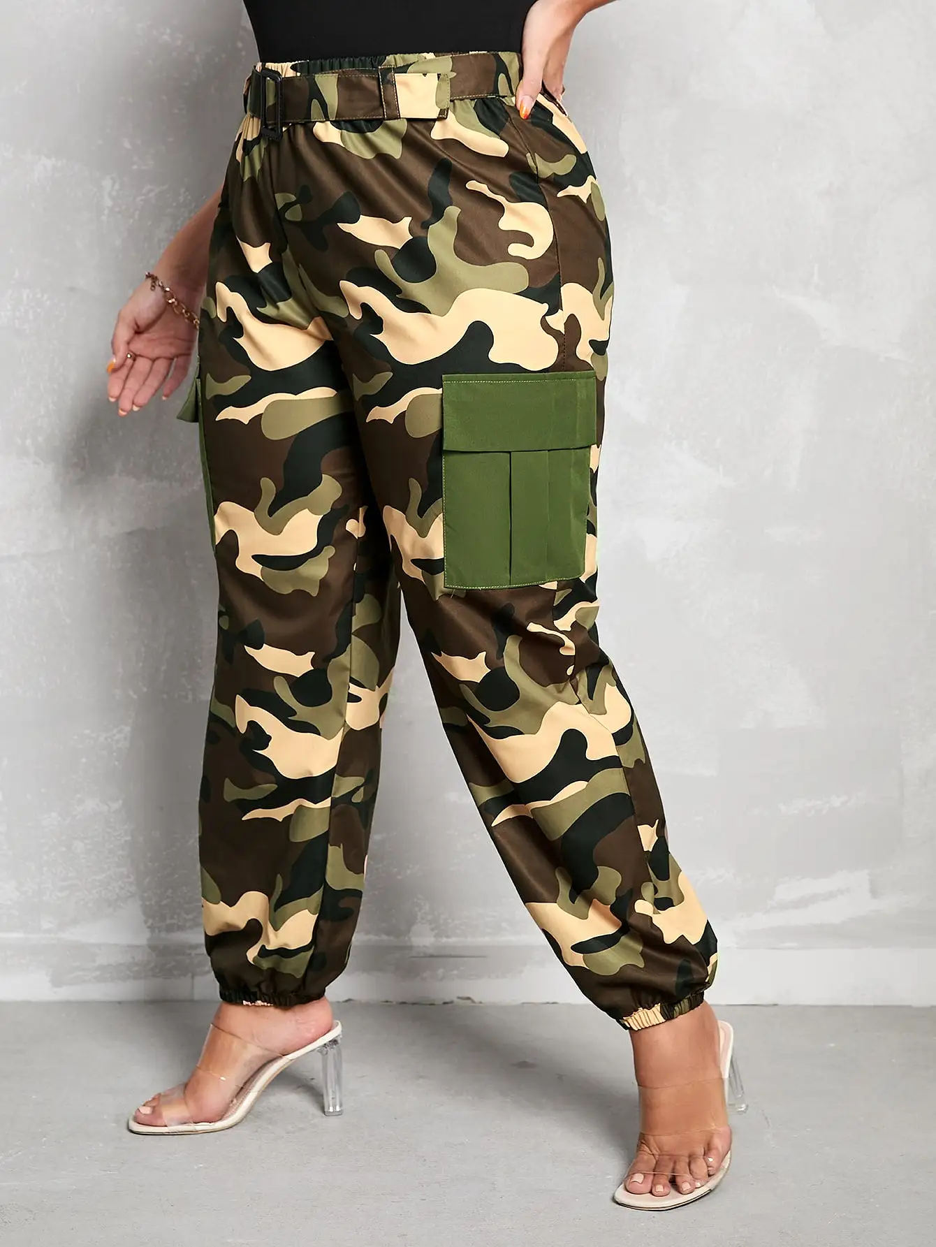 Plus Camo Print Flap Pocket Side Cargo Pants