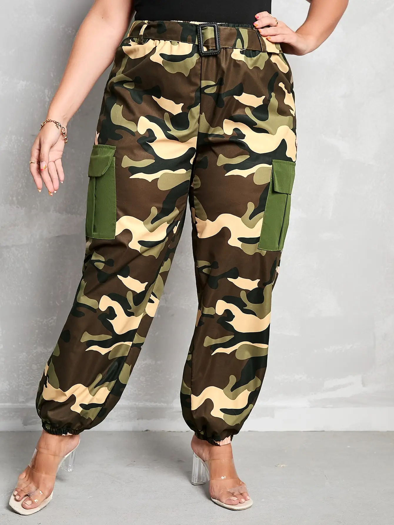 Plus Camo Print Flap Pocket Side Cargo Pants