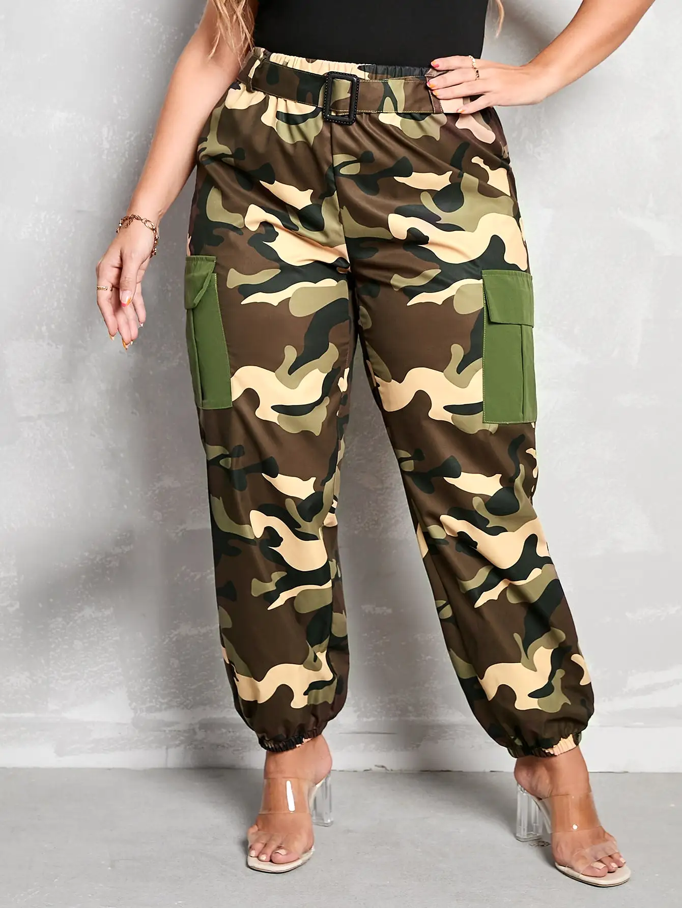 Plus Camo Print Flap Pocket Side Cargo Pants