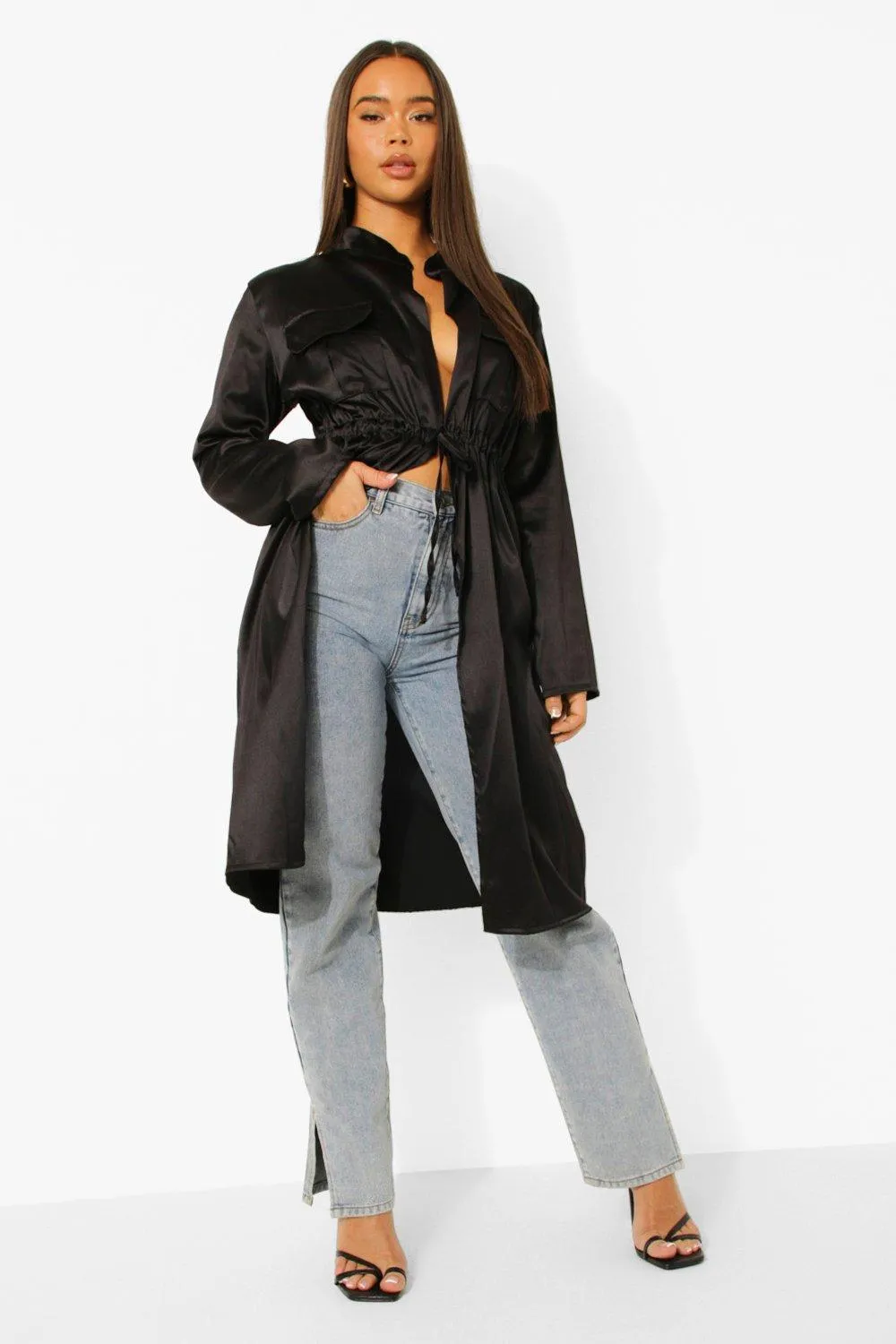 Pocket Detail Ruched Waist Duster Coat