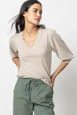 Puff Sleeve V-Neck Sweater in Wheat