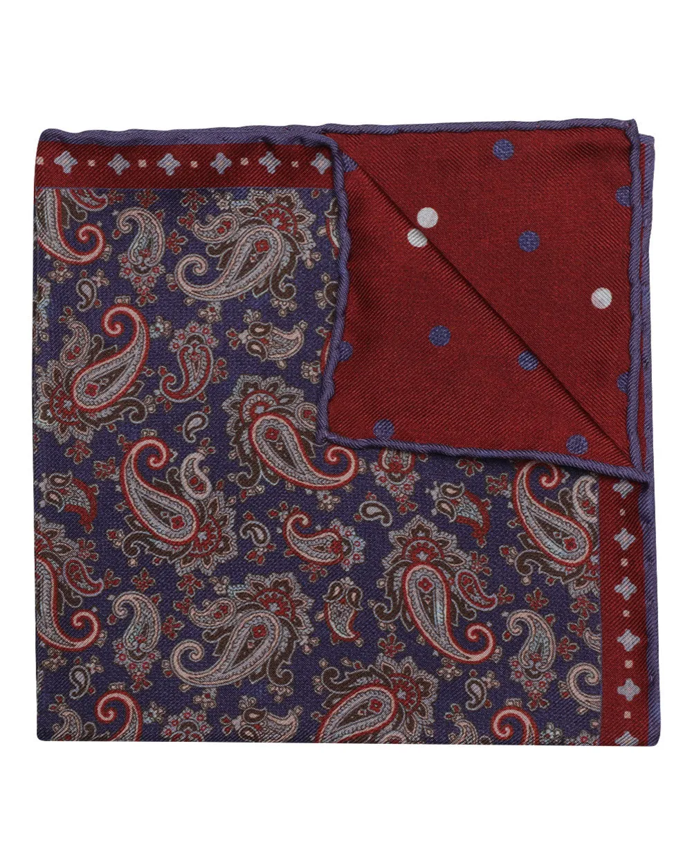 Red and Blue Paisley Polka Dot Reversible Silk Pocket Square