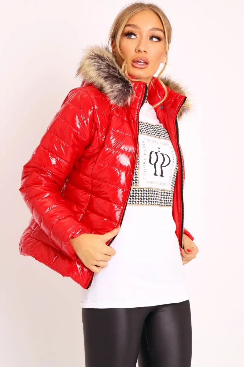 Red Wet Look Puffer Coat - Soph