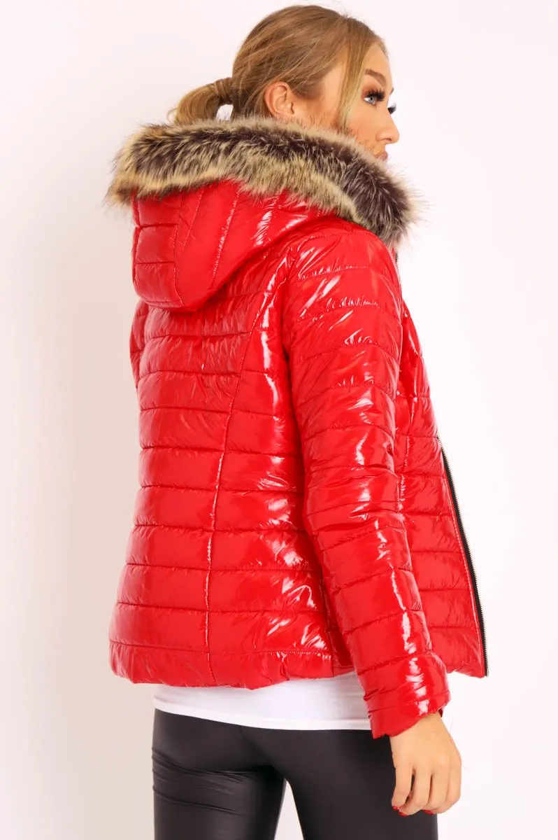 Red Wet Look Puffer Coat - Soph