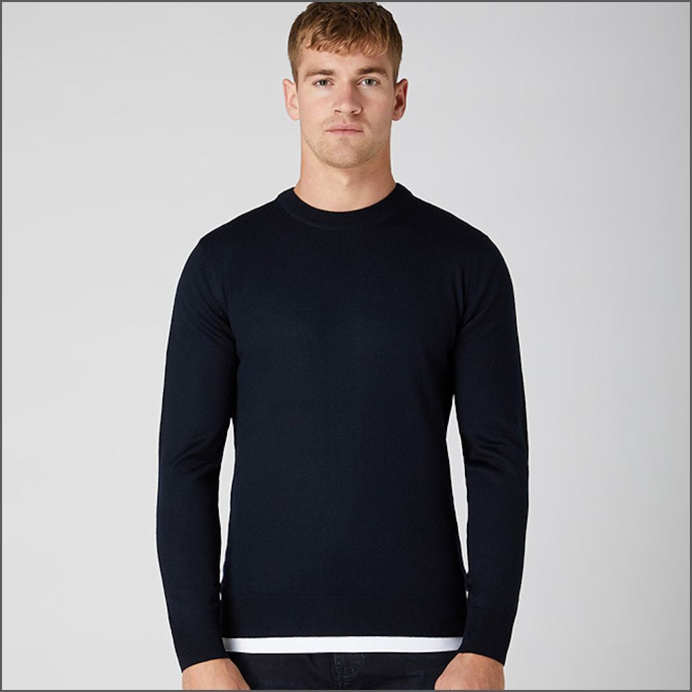 Remus Uomo Dark Navy Tapered Fit Merino Wool-Blend Crew Neck Sweater>>