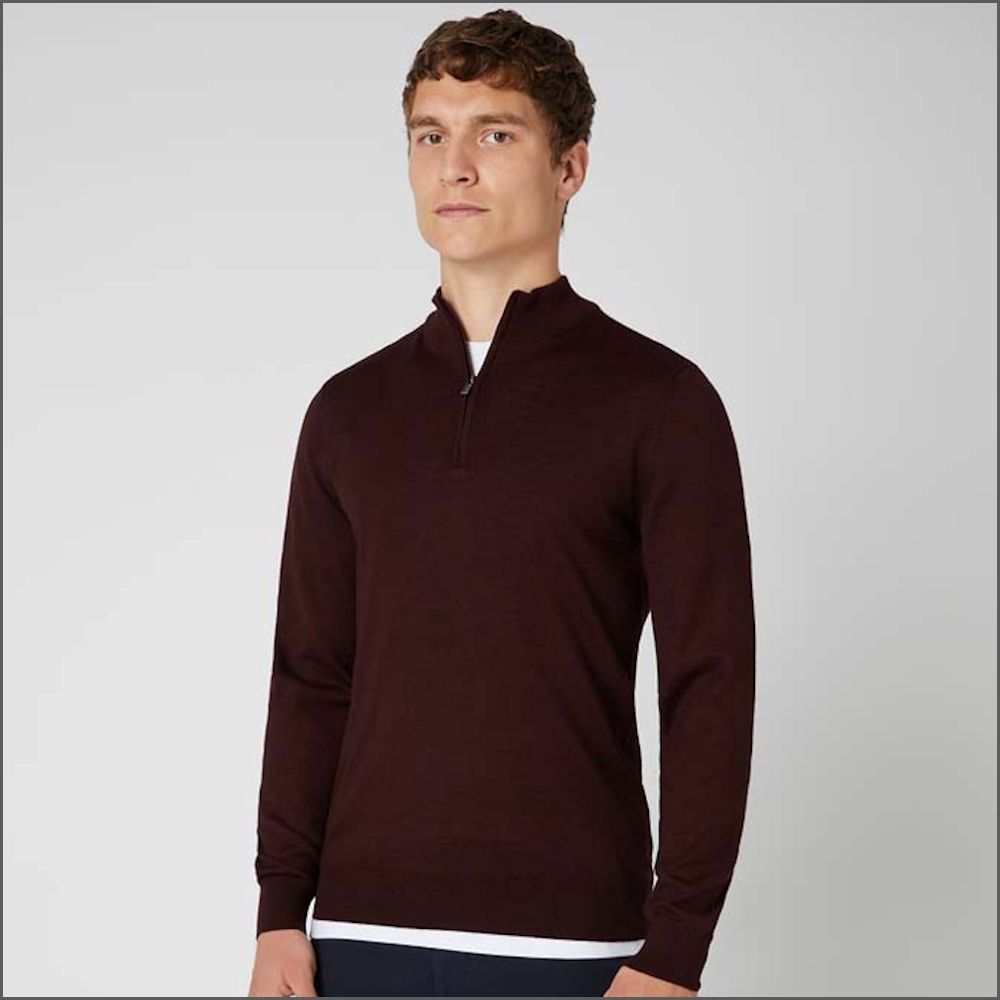 Remus Uomo Dark Red Tapered Fit Merino Wool-Blend Half Zip Sweater>>