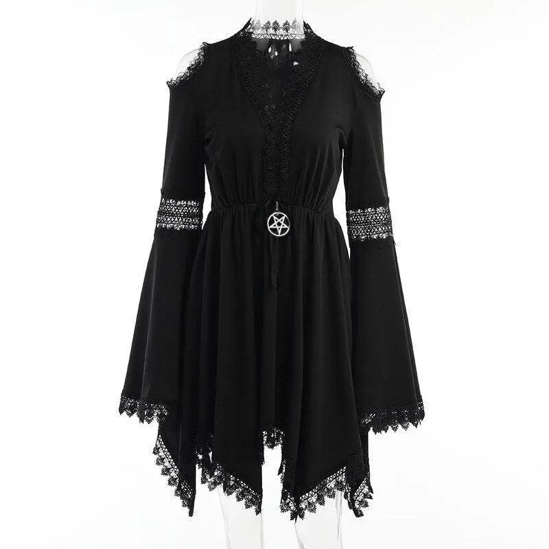 Retro Lace Floral Emo Black Dress Women Irregular Hem Ruffles Sundress O Neck Long Sleeve Slim Fit Spring Autumn Gothic Dresses