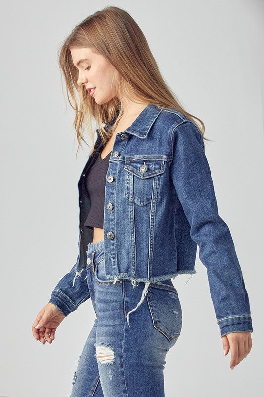 Risen Distressed Edge Medium Wash Denim Jacket