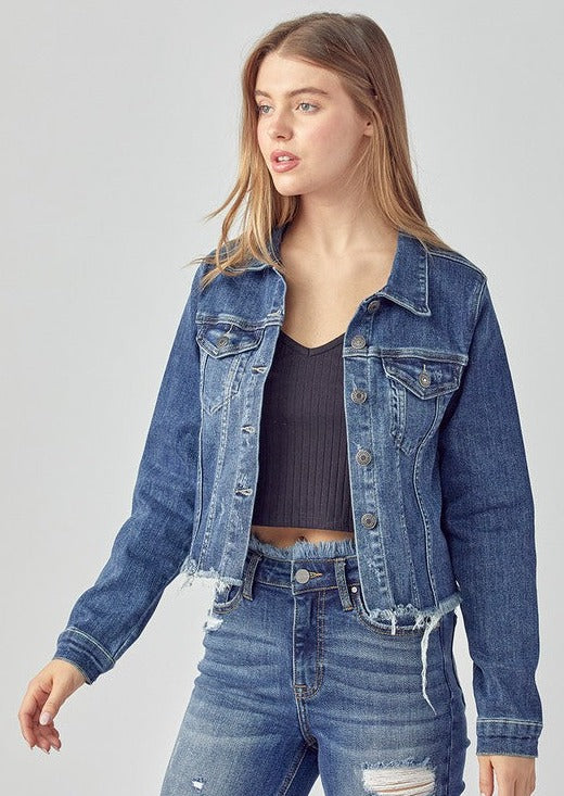 Risen Distressed Edge Medium Wash Denim Jacket