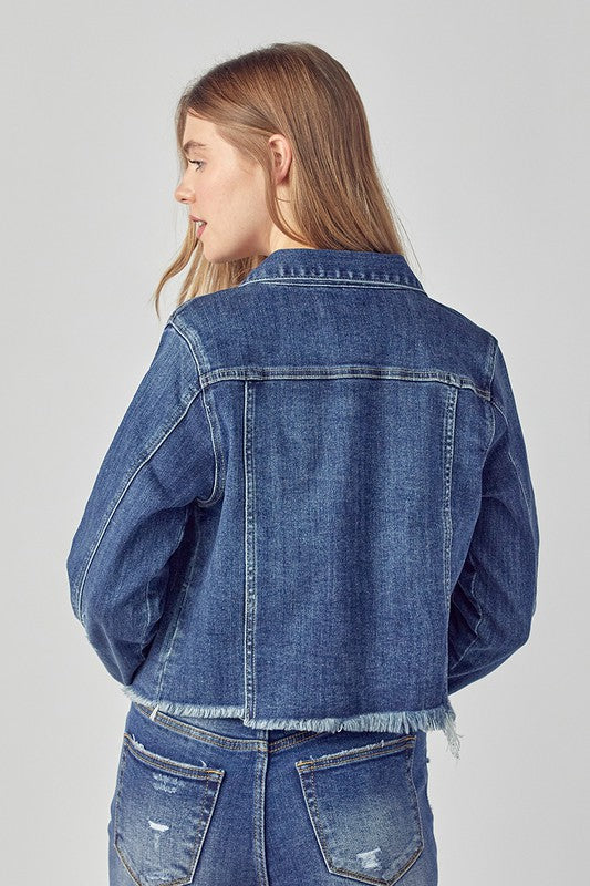 Risen Distressed Edge Medium Wash Denim Jacket