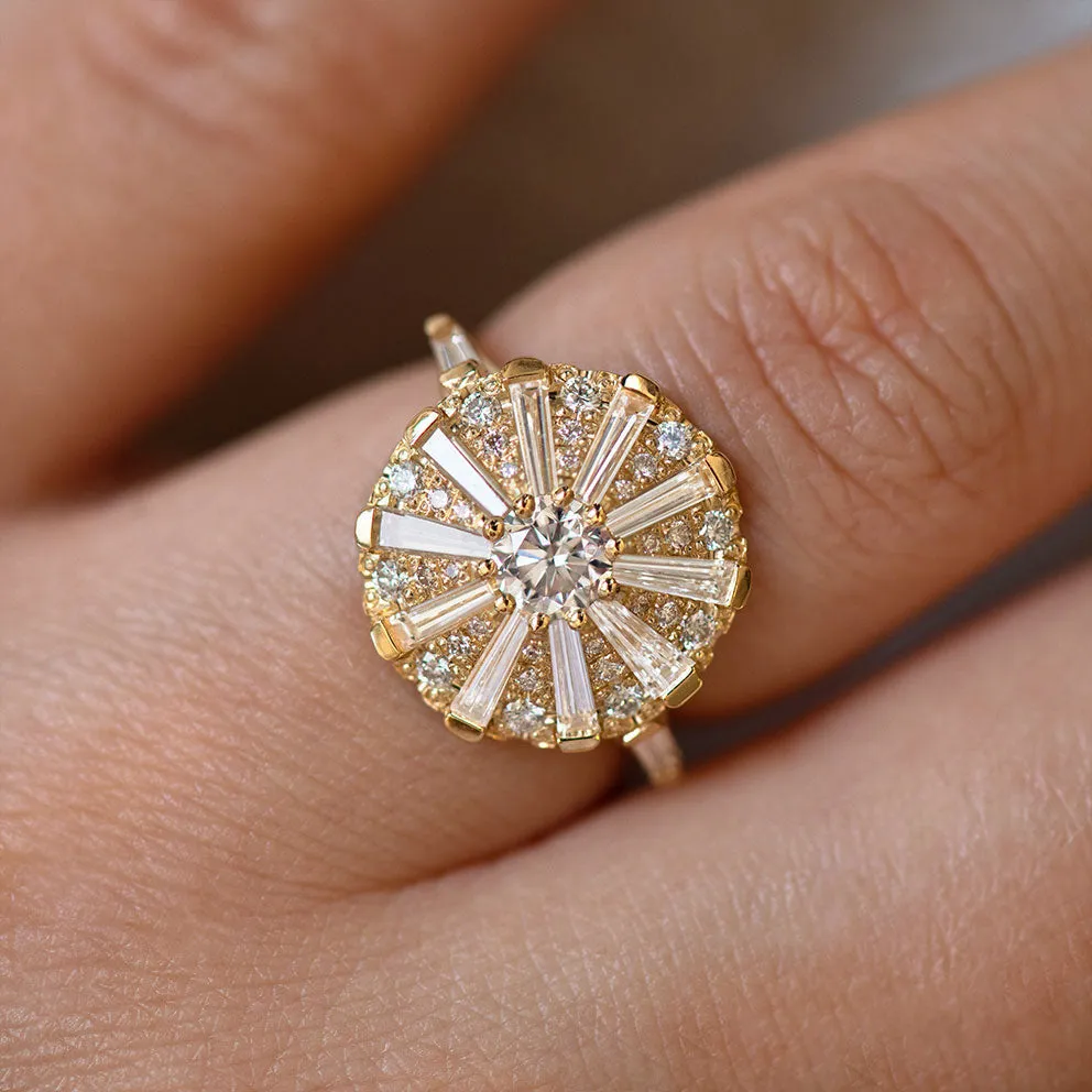 Round Engagement Ring with Long Tapered Baguette Diamonds // the Sun Temple Ring